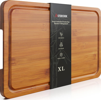 Astercook Deep-Carbonized Bamboo Cutting Boards for Kitchen with Wood Storage Stand, Reversible Charcuterie & Chopping Boards with Juice Grooves and Easy-Grip Handles, Fathers Day Gift for Men