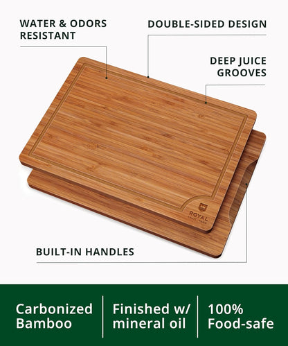 ROYAL CRAFT WOOD Wooden Cutting Boards for Kitchen Appliances - Non Toxic Bamboo Wood Cutting Board Set with Deep Juice Groove, Side Handles, Charcuterie & Butcher Block for Meat, Meal Prep & Serving