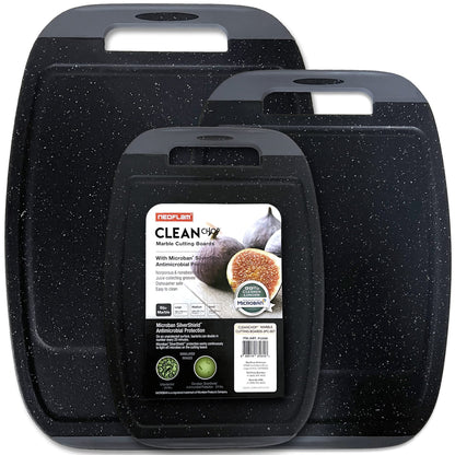 Neoflam Microban Protection Cutting Board 3 Piece Set, Stain & Odor/BPA Free, Reversable Board, Upgraded Larger Juice Groove, Non-Slip EZ Grip Handle, Dishwasher Safe,Grey