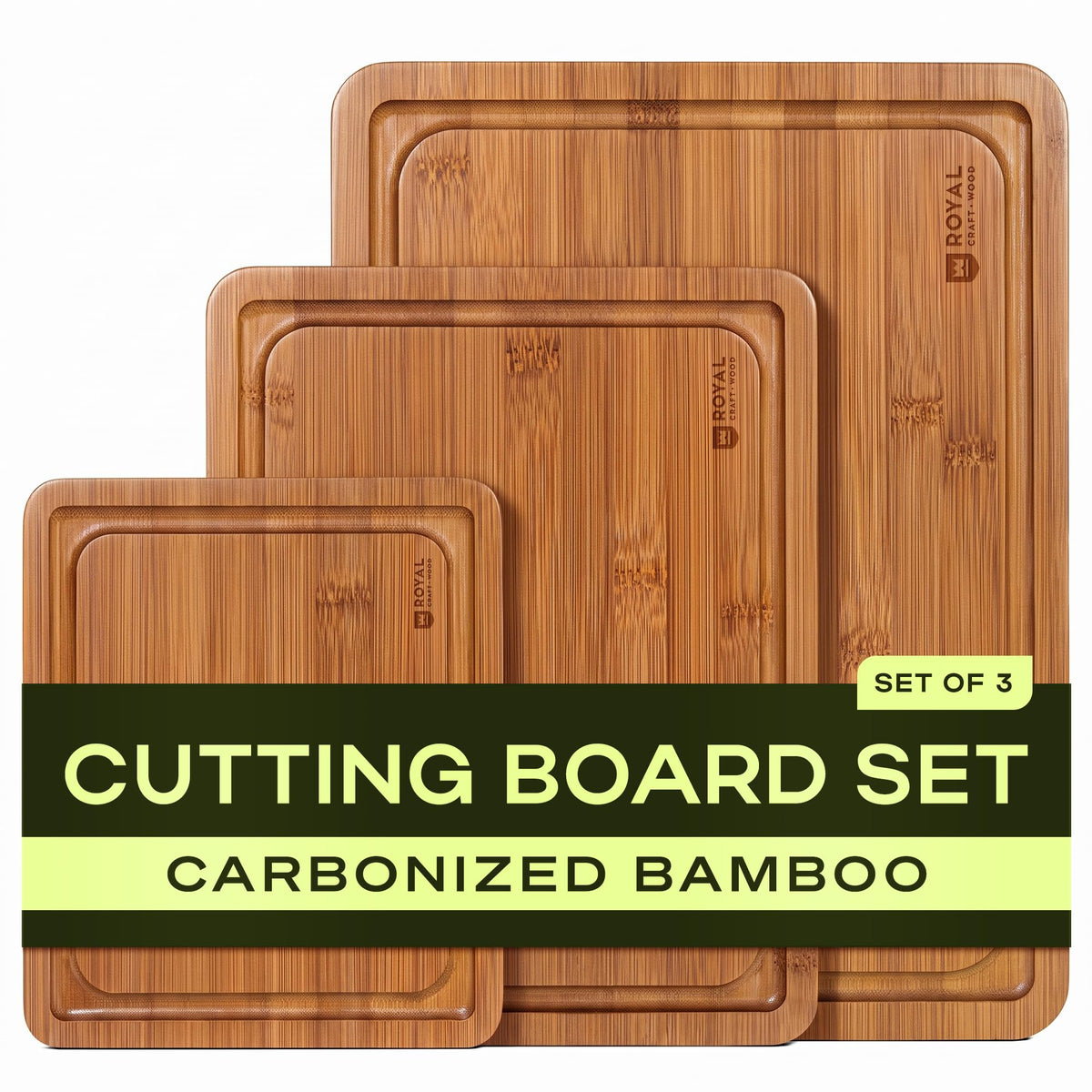 ROYAL CRAFT WOOD Wooden Cutting Boards for Kitchen Appliances - Non Toxic Bamboo Wood Cutting Board Set with Deep Juice Groove, Side Handles, Charcuterie & Butcher Block for Meat, Meal Prep & Serving