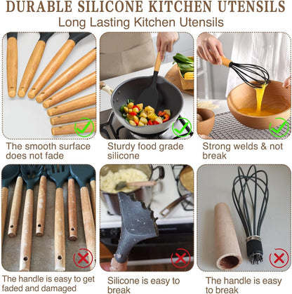 Umite Chef Kitchen Cooking Utensils Set, 33 pcs Non-Stick Silicone Cooking Kitchen Spatula Set with Holder, Wooden Handle Silicone Kitchen Gadgets Utensil Set (Black)