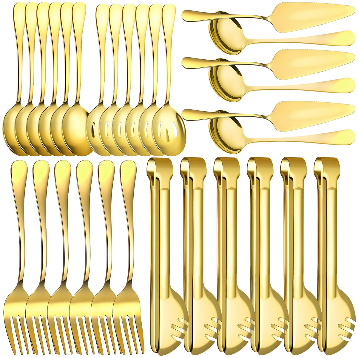 12 Pcs Silver Serving Utensils Set - Stainless Steel Large Serving Spoons, Slotted Spoons, Forks, Tongs, Soup Ladle & Pie Server - Metal Buffet Utensils for Parties, Catering, Wedding, Dishwasher Safe
