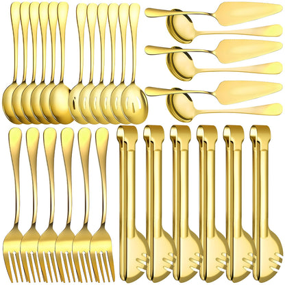 12 Pcs Silver Serving Utensils Set - Stainless Steel Large Serving Spoons, Slotted Spoons, Forks, Tongs, Soup Ladle & Pie Server - Metal Buffet Utensils for Parties, Catering, Wedding, Dishwasher Safe