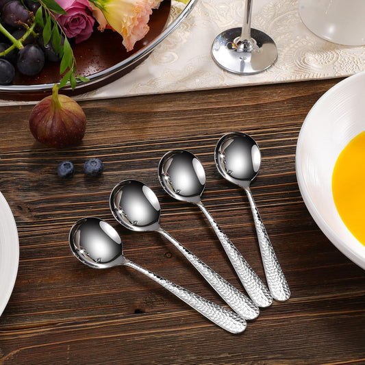 KEAWELL Premium Louise Hammered 4-Piece Soup Spoon Set (7" Soup Spoons)