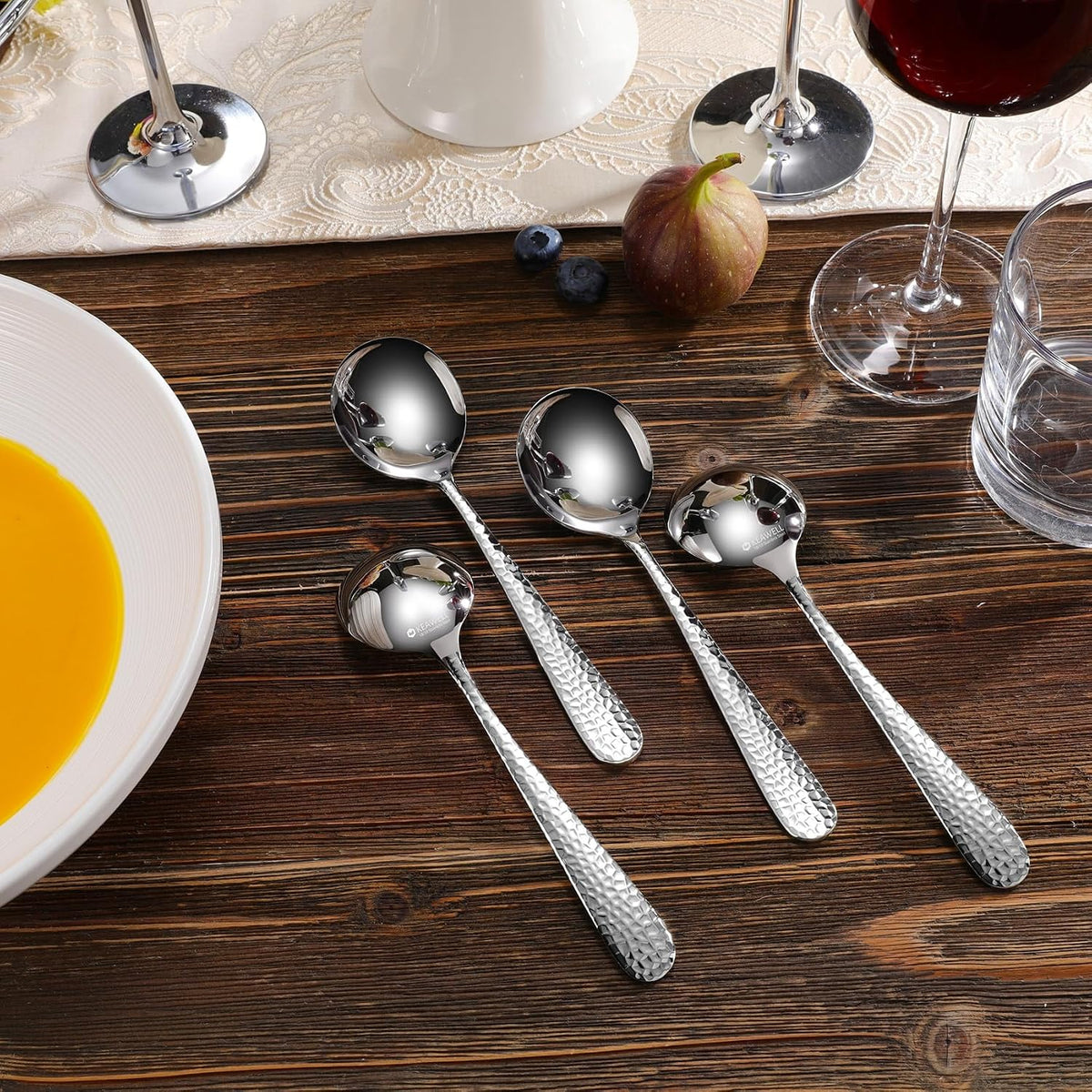 KEAWELL Premium Louise Hammered 4-Piece Soup Spoon Set (7" Soup Spoons)