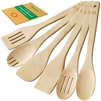 Riveira Dark Bamboo Wooden Spoons for Cooking 6-Piece, Apartment Essentials Wood Spatula Spoon Nonstick Kitchen Utensil Set Premium Quality Housewarming Gifts for Everyday Use