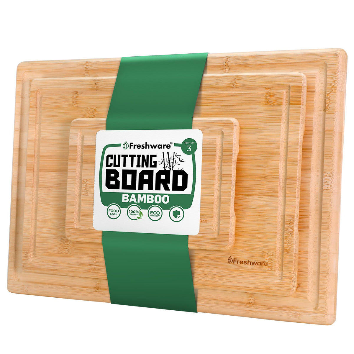 Freshware Bamboo Cutting Board Set of 3, Wooden Cutting Boards for Kitchen, Knife Friendly Food Grade Chopping Board, Lightweight with Hanging Hole for Easy Storage