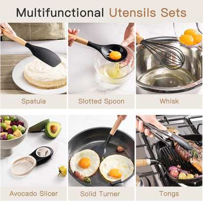 Astercook 39 PCS Kitchen Utensils Set, Silicone Cooking Utensil Sets with Wooden Handle, 446°F Heat Resistant Food Grade Spatula Set, BPA Free Kitchen Gadgets Tools Set & Spoons for Nonstick Cookware