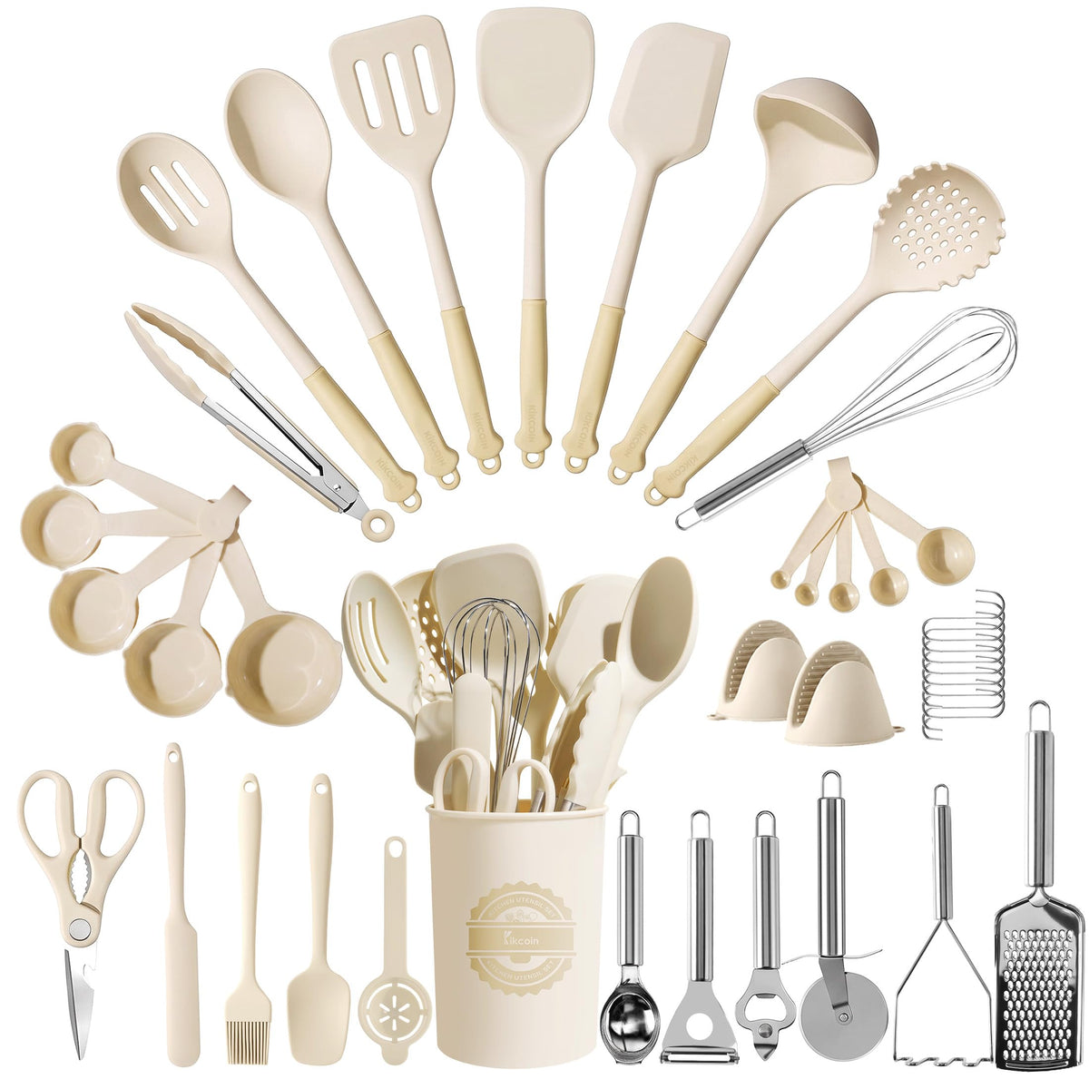 Kikcoin 43 PCS Silicone Kitchen Utensils Set, Dishwasher Safe Kitchen Cooking Utensils Set, 446°F Spatulas Silicone Heat Resistant, Non Toxic Silicone Utensils Set With Two-Tone Grip Handles, Gray