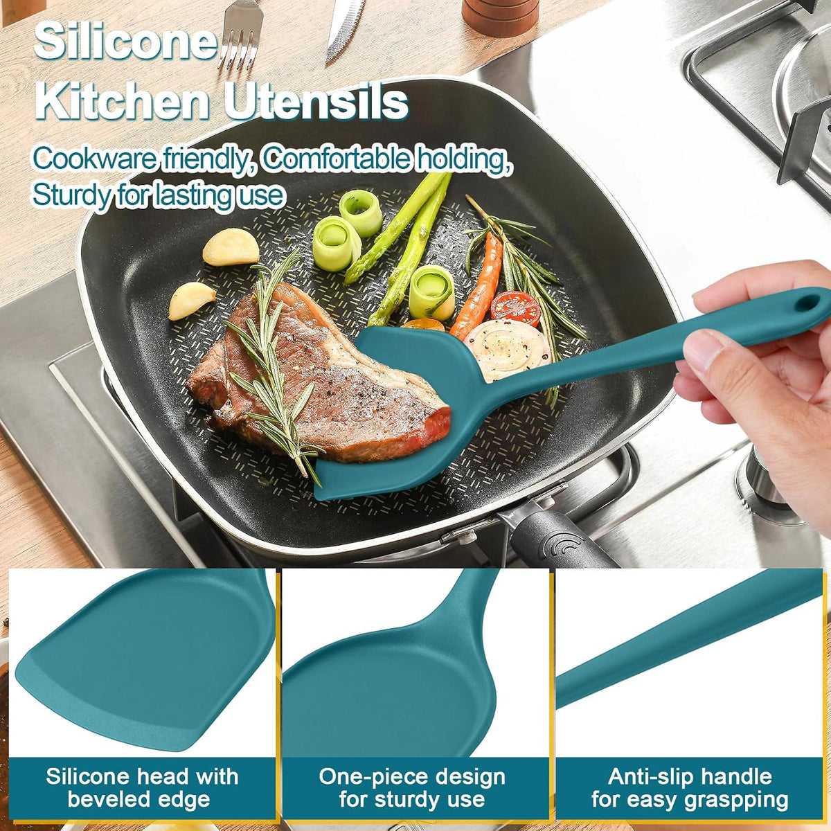 P&P CHEF Blue Kitchen Utensil Set, 4 Pieces Silicone Cooking Utensils