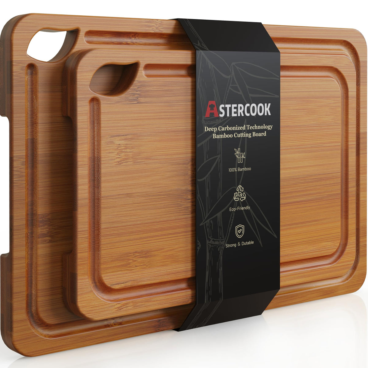 Astercook Deep-Carbonized Bamboo Cutting Boards for Kitchen with Wood Storage Stand, Reversible Charcuterie & Chopping Boards with Juice Grooves and Easy-Grip Handles, Fathers Day Gift for Men