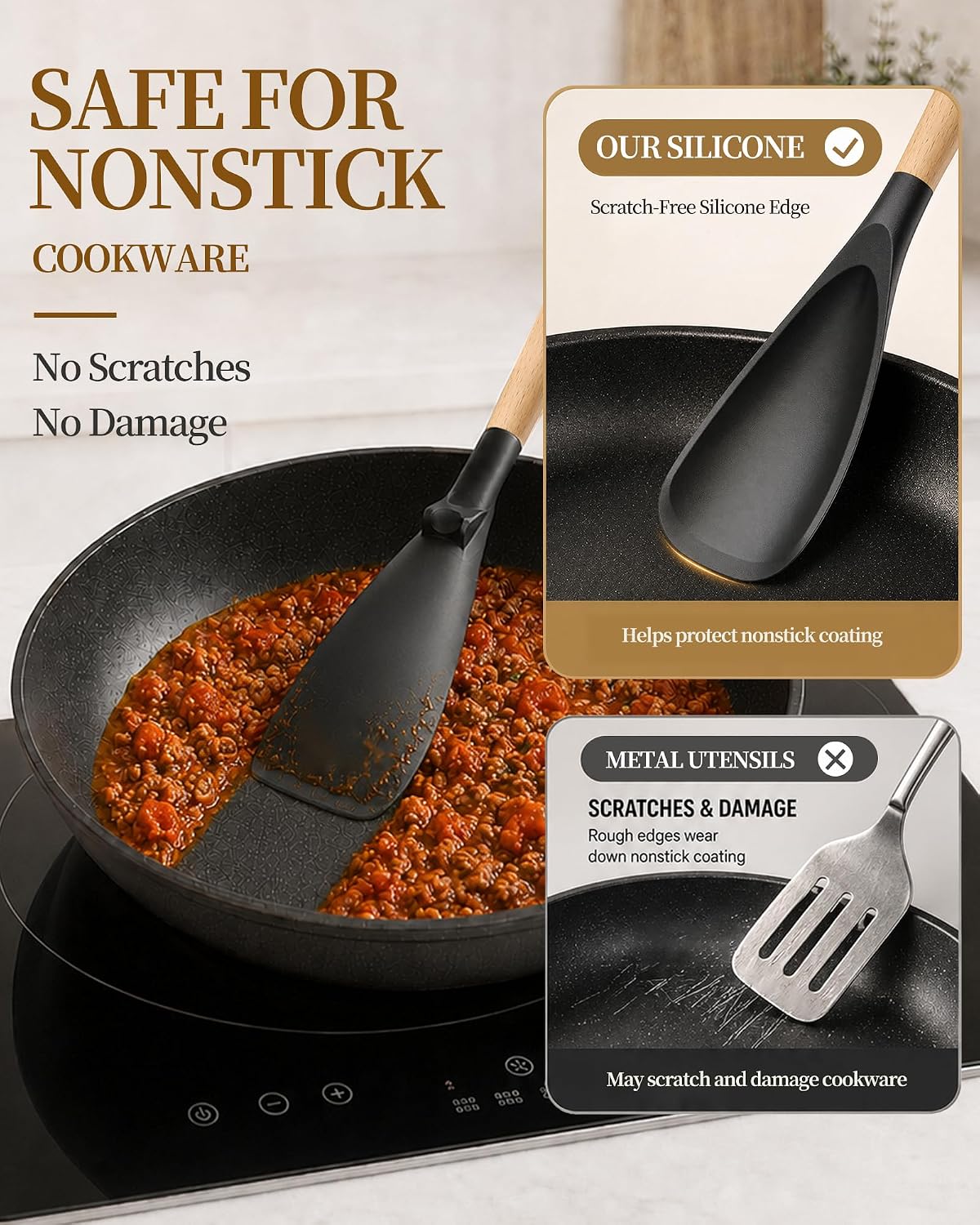 Astercook Cooking Spoon, 2 Pack, Nonstick Safe Silicone Spatula