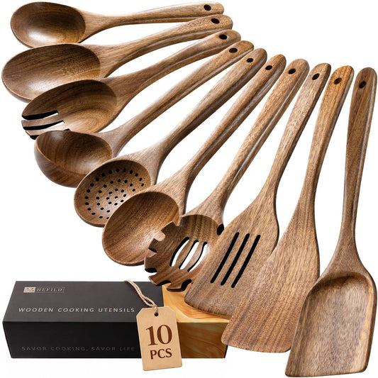 Wooden Spoons for Cooking, 10-Piece Acacia Wood Cooking Utensil Set