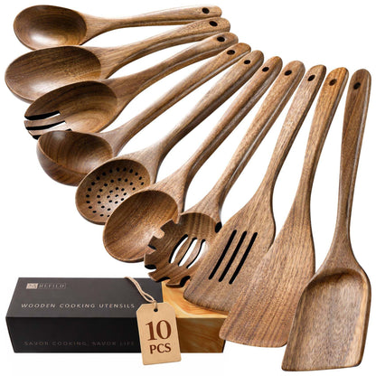 Wooden Spoons for Cooking, 10-Piece Acacia Wood Cooking Utensil Set