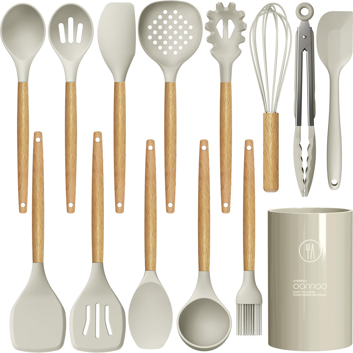 oannao Silicone Cooking Utensils Set - 446°F Heat Resistant Silicone Kitchen Utensils for Cooking,Kitchen Utensil Spatula Set w Wooden Handles, BPA FREE Gadgets for Non-Stick Cookware (Khaki)