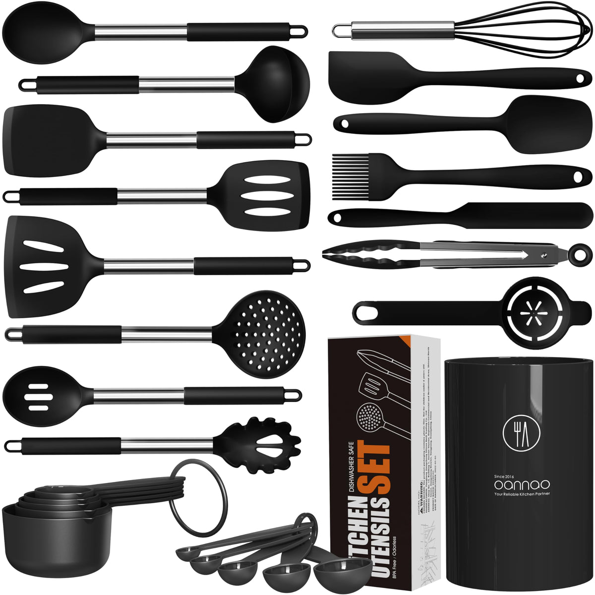 oannao Large Silicone Cooking Utensils Set - Heat Resistant Kitchen Utensils,Turner Tongs,Spatula,Spoon,Brush,Whisk,Stainless Steel Cooking Tool for Nonstick Cookware,Dishwasher Safe (Khaki)