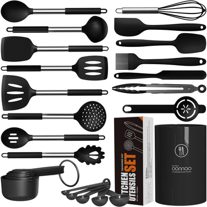 oannao Large Silicone Cooking Utensils Set - Heat Resistant Kitchen Utensils,Turner Tongs,Spatula,Spoon,Brush,Whisk,Stainless Steel Cooking Tool for Nonstick Cookware,Dishwasher Safe (Khaki)