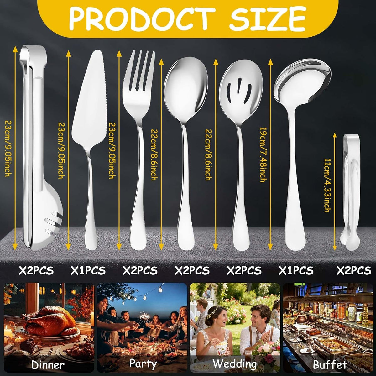 12 Pcs Silver Serving Utensils Set - Stainless Steel Large Serving Spoons, Slotted Spoons, Forks, Tongs, Soup Ladle & Pie Server - Metal Buffet Utensils for Parties, Catering, Wedding, Dishwasher Safe