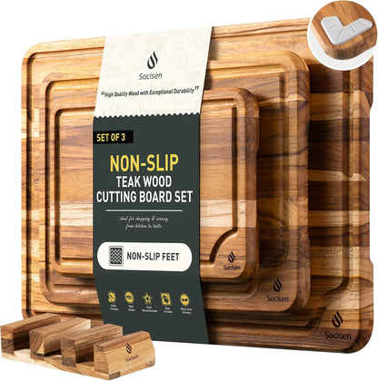 3 Pack Teak Cutting Boards for Kitchen Wood Wooden Cutting Boards Non Toxic