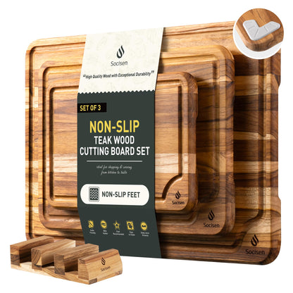 3 Pack Teak Cutting Boards for Kitchen Wood Wooden Cutting Boards Non Toxic