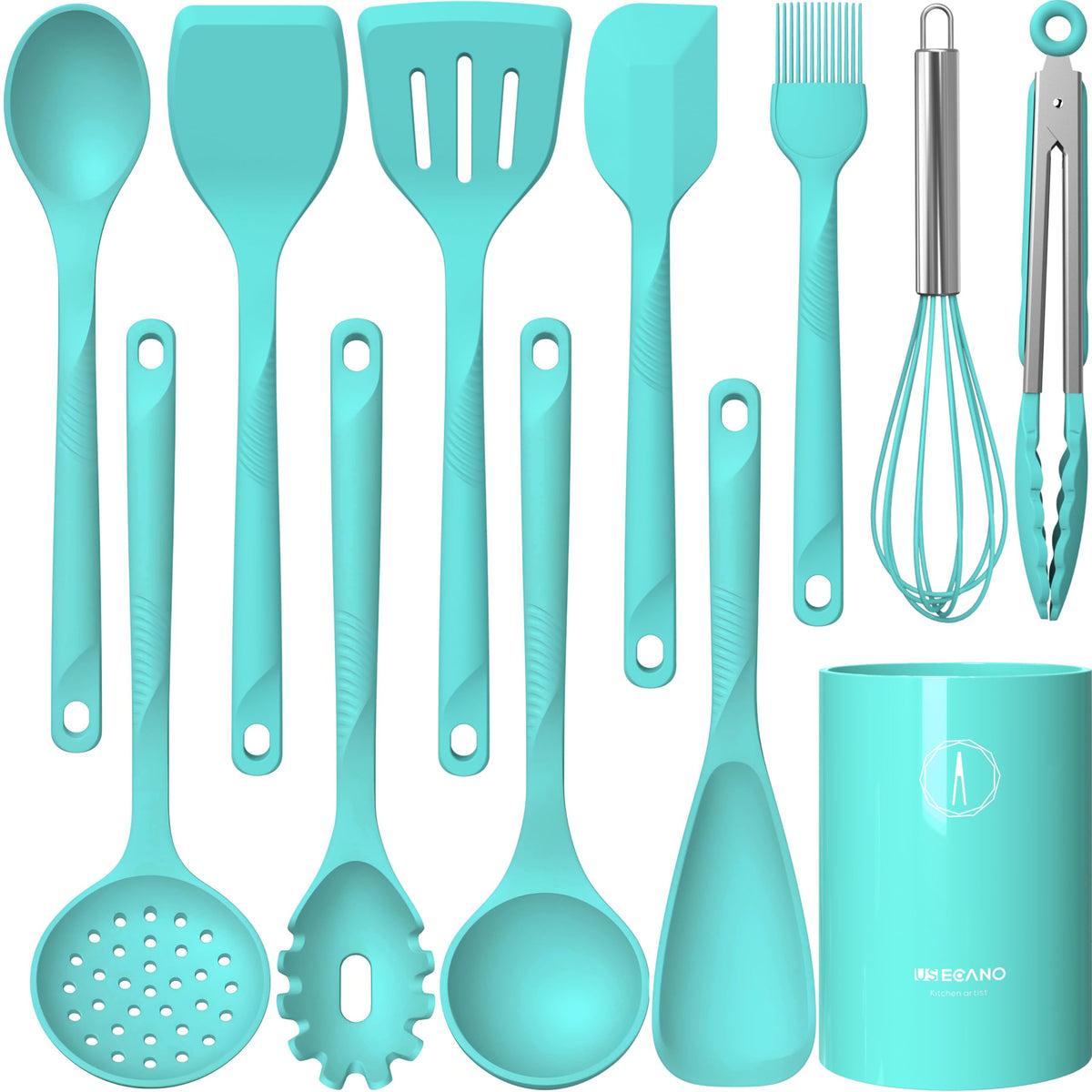 Silicone Cooking Utensils Set - 600°F Heat Resistant, Nonstick Kitchen Utensil Set with Spatulas, Spoons, Whisk, Tongs, BPA Free, Dishwasher Safe, Black