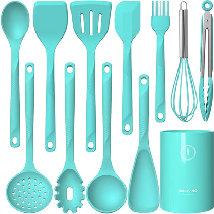 Silicone Cooking Utensils Set - 600°F Heat Resistant, Nonstick Kitchen Utensil Set with Spatulas, Spoons, Whisk, Tongs, BPA Free, Dishwasher Safe, Black