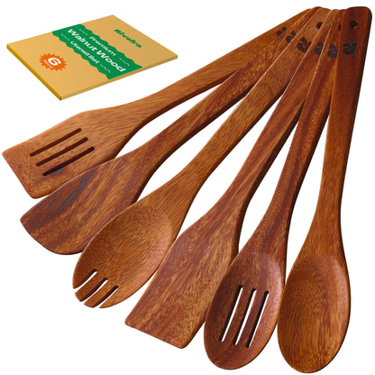 Riveira Dark Bamboo Wooden Spoons for Cooking 6-Piece, Apartment Essentials Wood Spatula Spoon Nonstick Kitchen Utensil Set Premium Quality Housewarming Gifts for Everyday Use