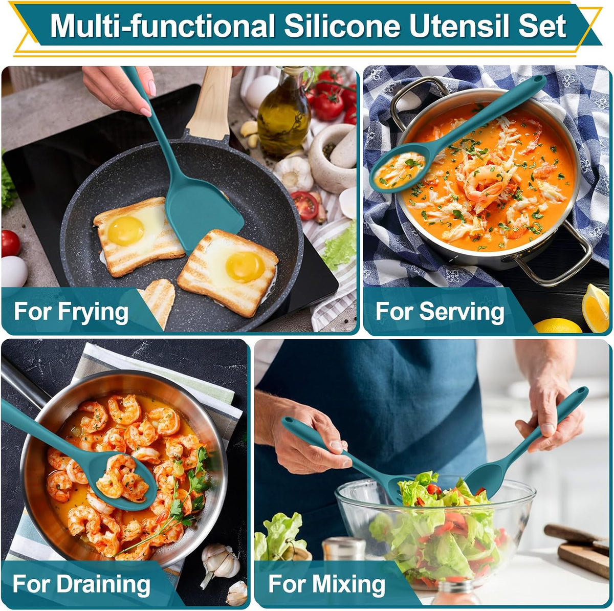P&P CHEF Blue Kitchen Utensil Set, 4 Pieces Silicone Cooking Utensils