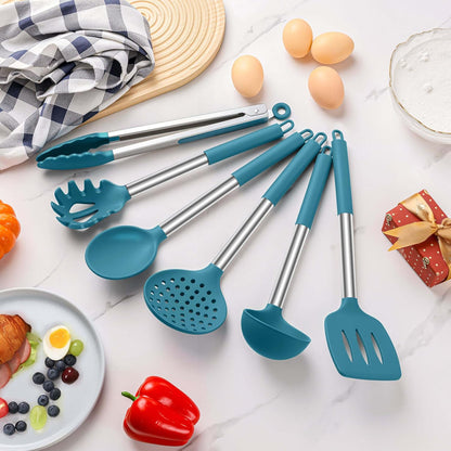 LIANYU Silicone Kitchen Utensils, 6 Pcs Cooking Utensils Spatula Set, Blue