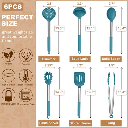 LIANYU Silicone Kitchen Utensils, 6 Pcs Cooking Utensils Spatula Set, Blue