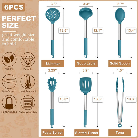 LIANYU Silicone Kitchen Utensils, 6 Pcs Cooking Utensils Spatula Set, Blue