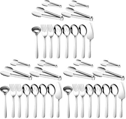 Gisly 12-Piece Serving Set - Large Spoons, Forks, Tongs, Ladle, Cake Server & Appetizer Tongs for Buffet Catering, Dishwasher Safe