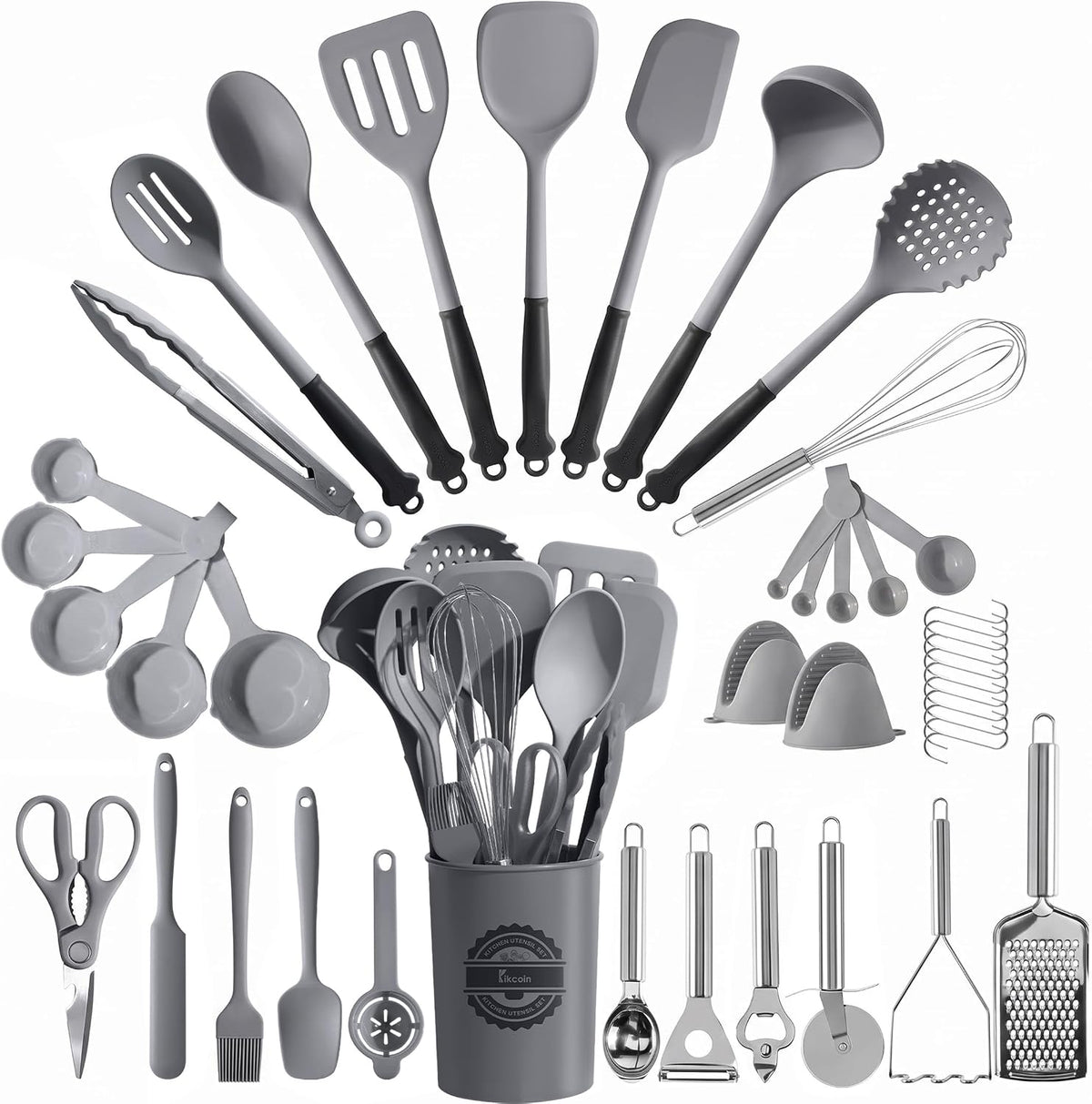 Kikcoin 43 PCS Silicone Kitchen Utensils Set, Dishwasher Safe Kitchen Cooking Utensils Set, 446°F Spatulas Silicone Heat Resistant, Non Toxic Silicone Utensils Set With Two-Tone Grip Handles, Gray