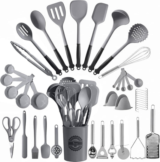 Kikcoin 43 PCS Silicone Kitchen Utensils Set, Dishwasher Safe Kitchen Cooking Utensils Set, 446°F Spatulas Silicone Heat Resistant, Non Toxic Silicone Utensils Set With Two-Tone Grip Handles, Gray
