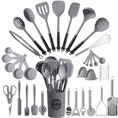 Kikcoin 43 PCS Silicone Kitchen Utensils Set, Dishwasher Safe Kitchen Cooking Utensils Set, 446°F Spatulas Silicone Heat Resistant, Non Toxic Silicone Utensils Set With Two-Tone Grip Handles, Gray