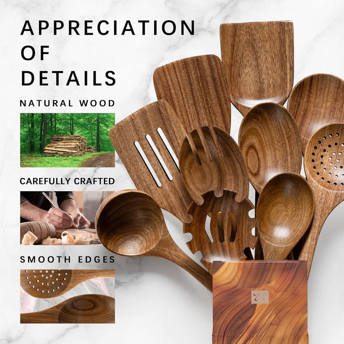 Wooden Spoons for Cooking, 10-Piece Acacia Wood Cooking Utensil Set