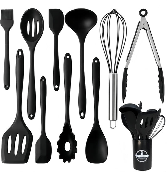 Silicone Kitchen Utensils Set,10 PCS Cooking Kitchen Utensils Set, Nonstick Kitchen Utensils 446°F Heat-Resistant Cookware Kitchen Tools of Spoon,Brush,Whisk,Spatula,Turner Tongs(Black)