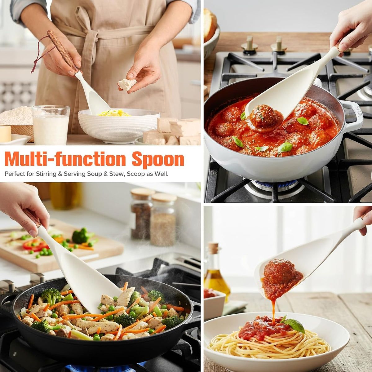 Silicone Cooking Utensils Set of 7, Wooden Handle (White)