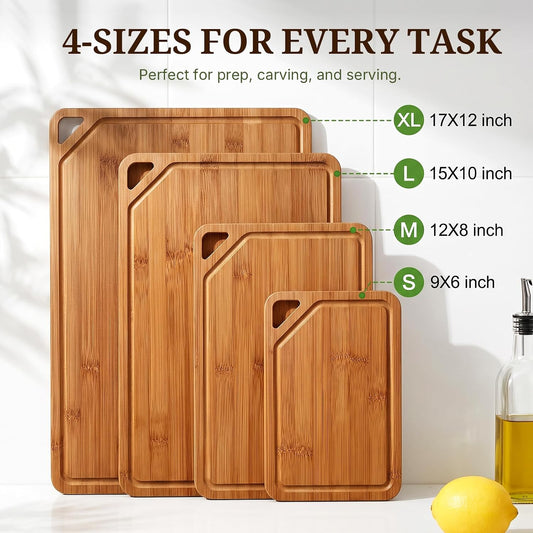 GASHELL Bamboo Cutting Board Set with Beeswax Coating for Kitchen(S+M+L+XL)