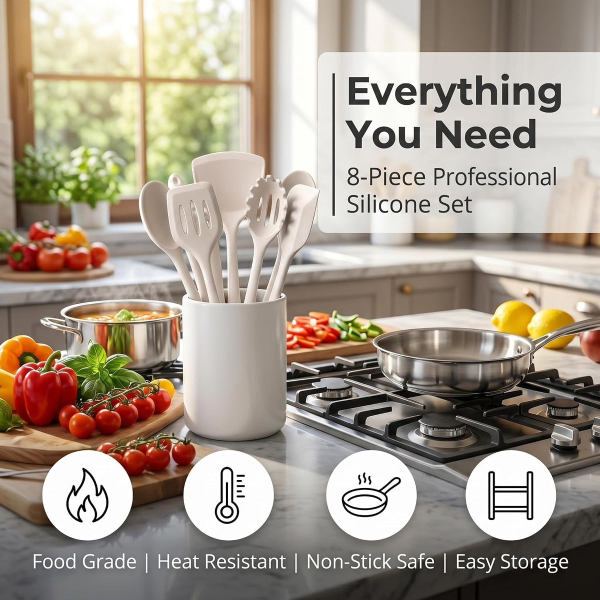 LIANYU Non-Toxic Kitchen Cooking Utensils Set, 8Pcs Khaki Silicone Utensils