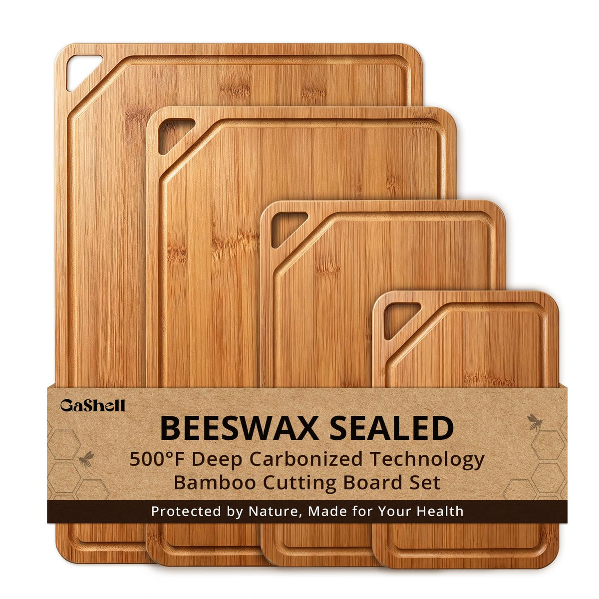 GASHELL Bamboo Cutting Board Set with Beeswax Coating for Kitchen(S+M+L+XL)