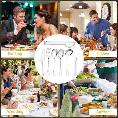 12 Pcs Silver Serving Utensils Set - Stainless Steel Large Serving Spoons, Slotted Spoons, Forks, Tongs, Soup Ladle & Pie Server - Metal Buffet Utensils for Parties, Catering, Wedding, Dishwasher Safe
