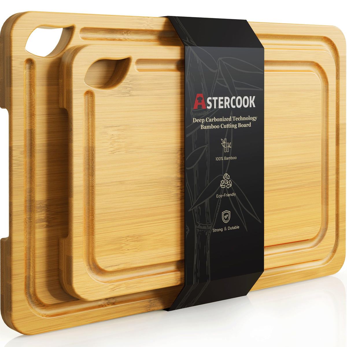 Astercook Deep-Carbonized Bamboo Cutting Boards for Kitchen with Wood Storage Stand, Reversible Charcuterie & Chopping Boards with Juice Grooves and Easy-Grip Handles, Fathers Day Gift for Men