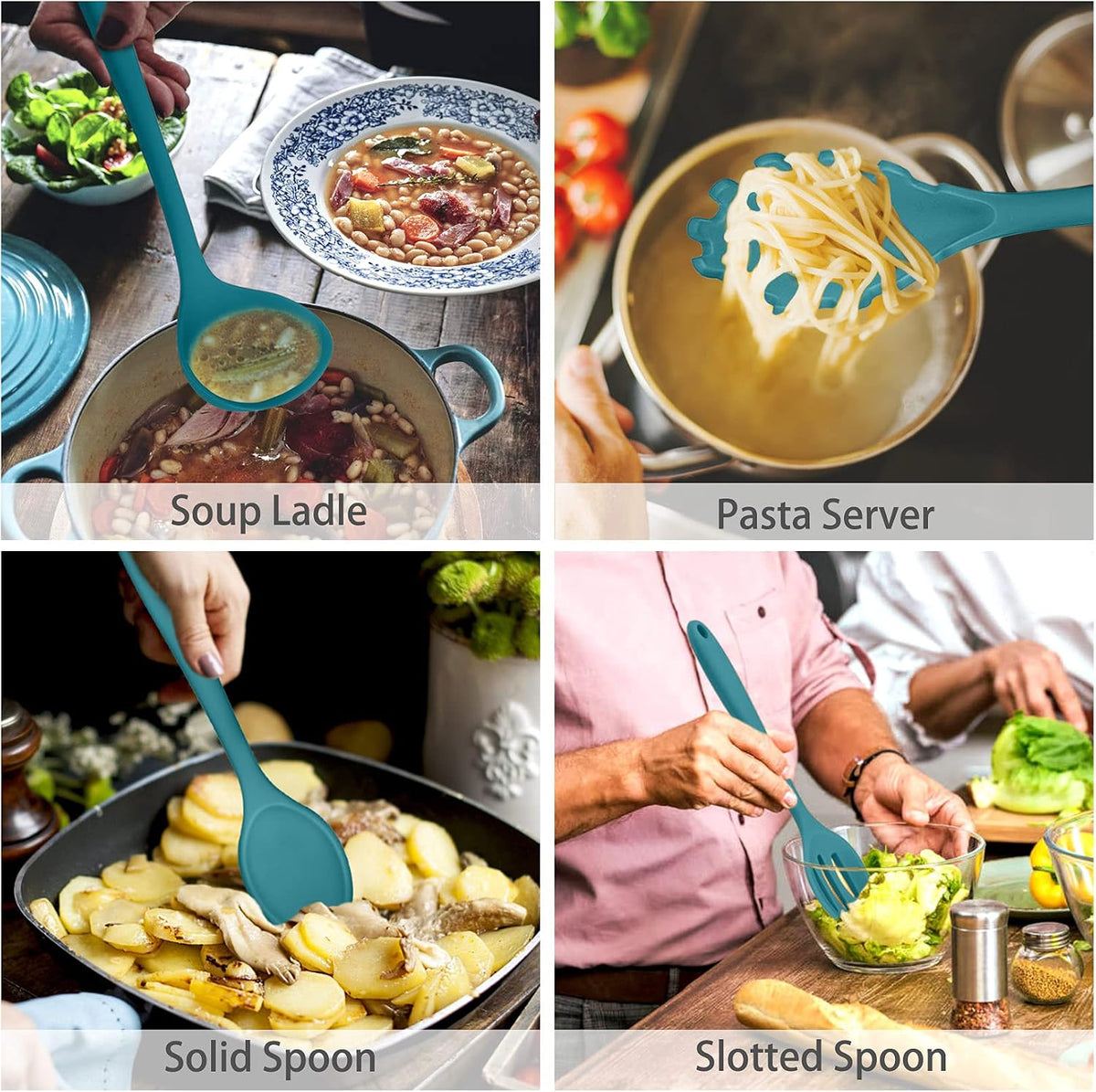P&P CHEF Blue Kitchen Utensils, Silicone Cooking Utensil Set of 7