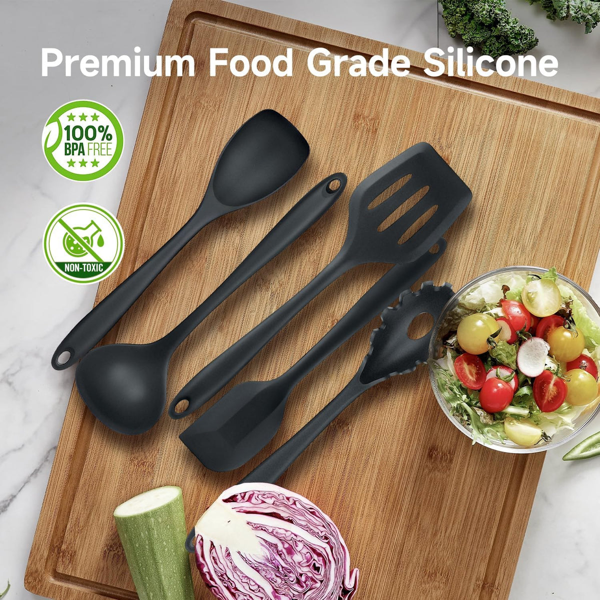 Silicone Kitchen Utensils Set with 360° Rotating 7.3'' Large Holder