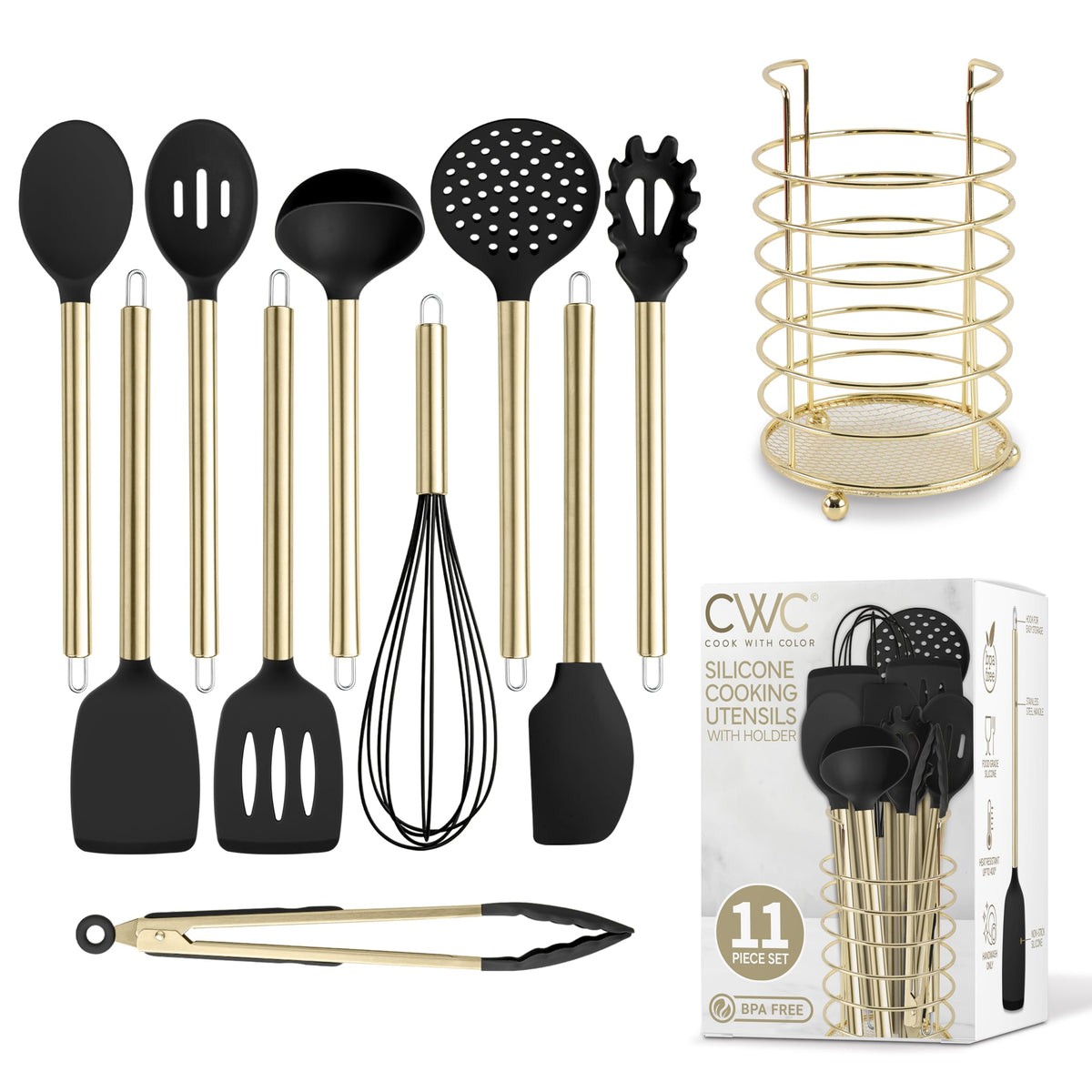 COOK WITH COLOR Silicone Cooking Utensils, Kitchen Utensil Set, Easy to Clean Silicone Kitchen Utensils, Cooking Utensils for Nonstick Cookware, Kitchen Gadgets Set, 10 Pieces, Grey Ombre