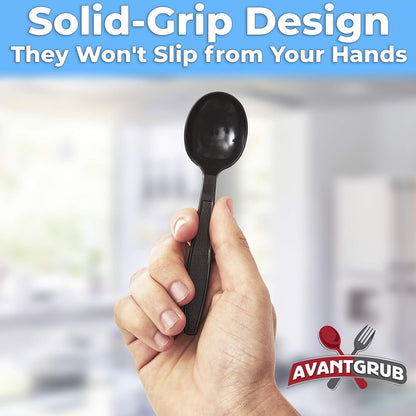 Extra Sturdy, Pro-Grade Plastic Soup Spoons 50 CT. Black, Heavy Duty Recyclable Utensils for Soups, Stews, Chili and Gumbo. Heavyweight Round Spoon is Perfect for Restaurants, Diners and Catering