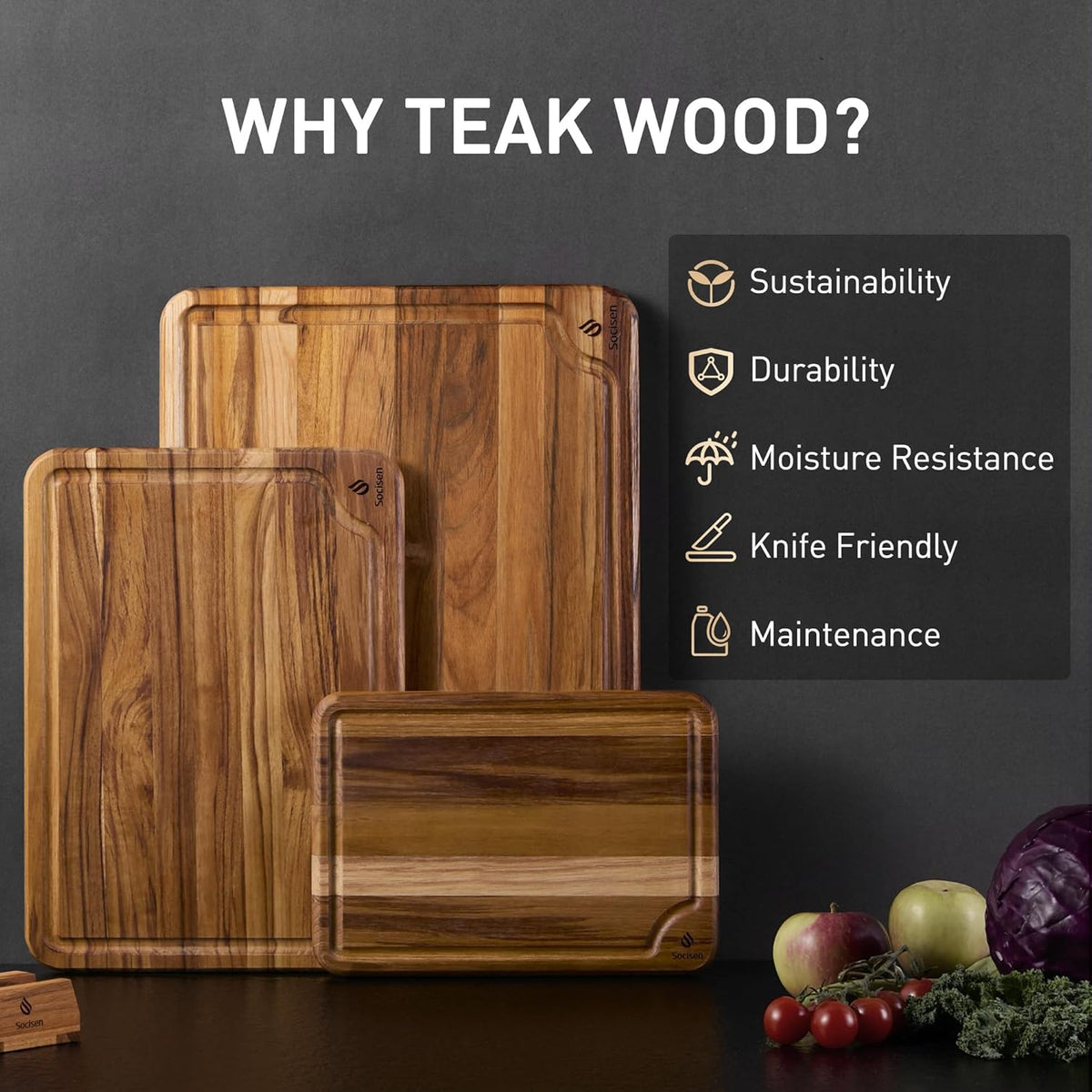 3 Pack Teak Cutting Boards for Kitchen Wood Wooden Cutting Boards Non Toxic