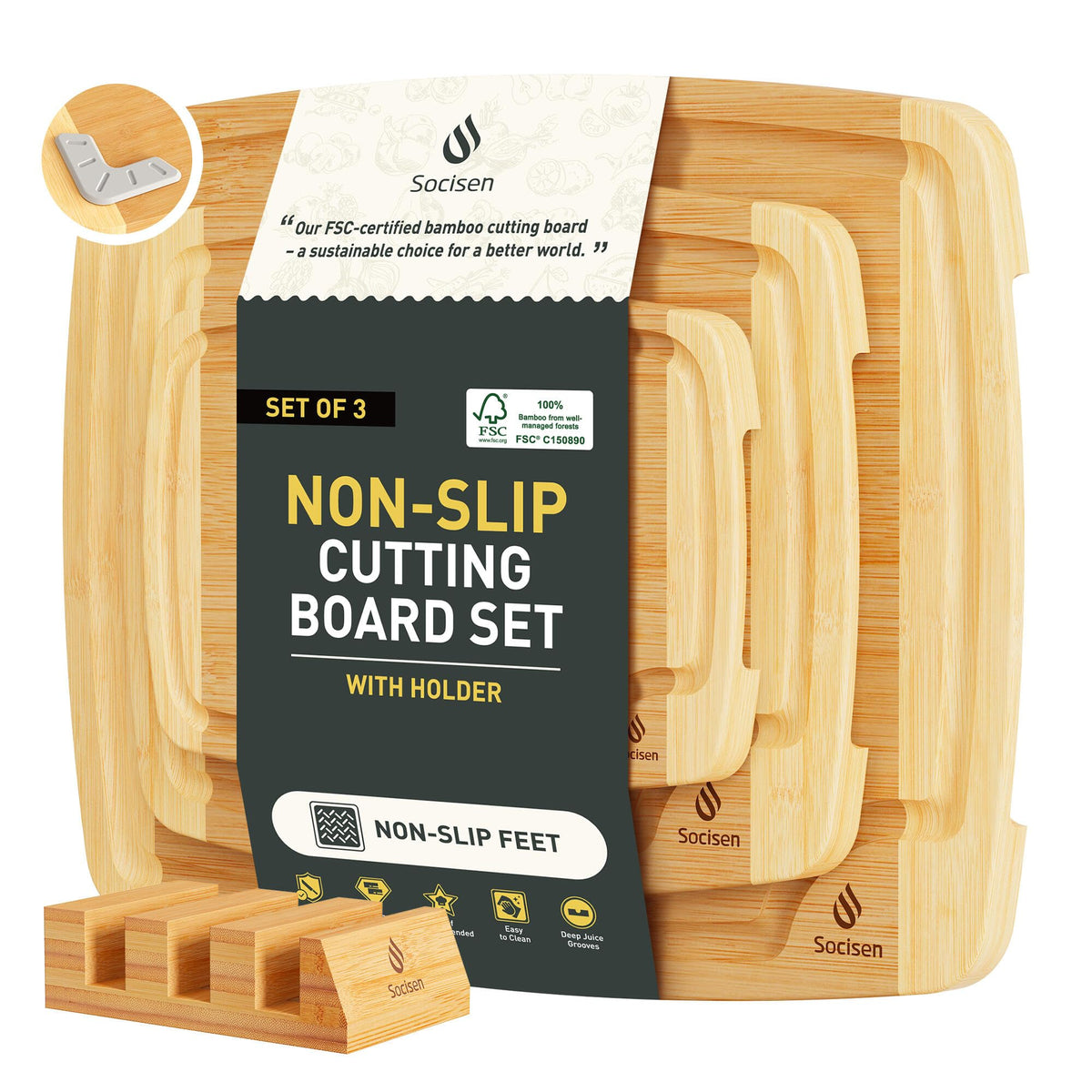 3 Packs Bamboo Cutting Board Set with Non Slip Feet Holder and Over Sink Nice Solid Thick Wood Juice Groove Chopping Board Extra Large Big Small Best Hardwood Kitchen Organic Vegetable Meat BBQ Kit