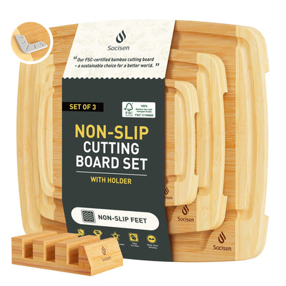 3 Packs Bamboo Cutting Board Set with Non Slip Feet Holder and Over Sink Nice Solid Thick Wood Juice Groove Chopping Board Extra Large Big Small Best Hardwood Kitchen Organic Vegetable Meat BBQ Kit